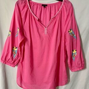 Talbots Pink Blouse with Parrot Embroidery on Sleeves Large 3/4 Sleeve V Neck
